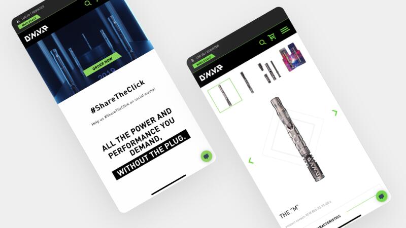 DynaVap mobile website mockups showing the homepage and a product detail page