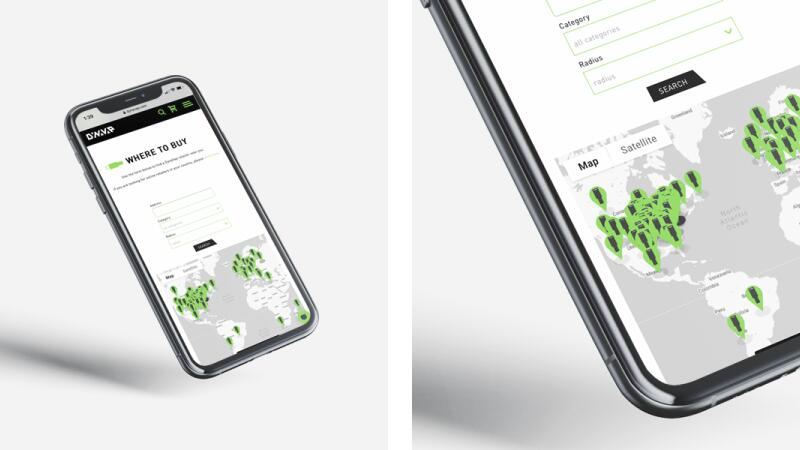 DynaVap "Where to Buy" retailer locator map on mobile
