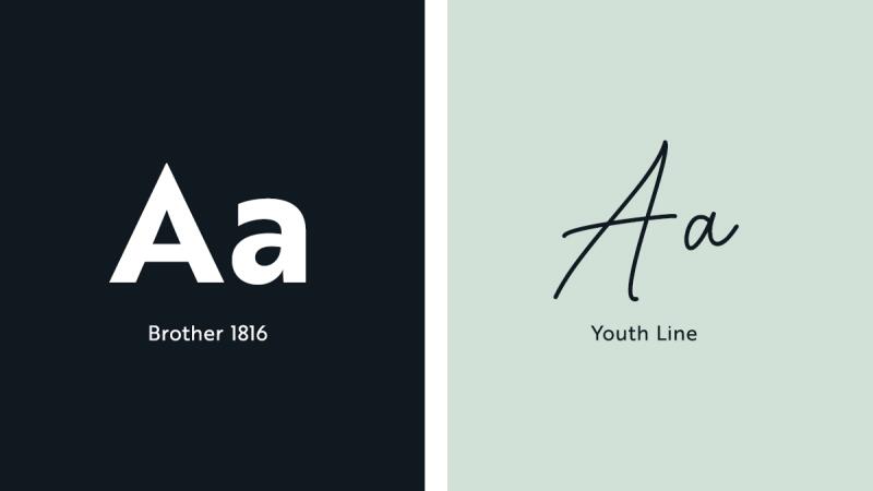 Font pairing guide showing two typefaces, Brother 1816 and Youth Line