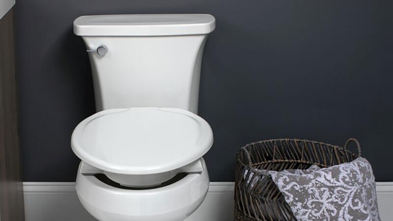 Toilet with an open bidet-style seat against a dark blue wall