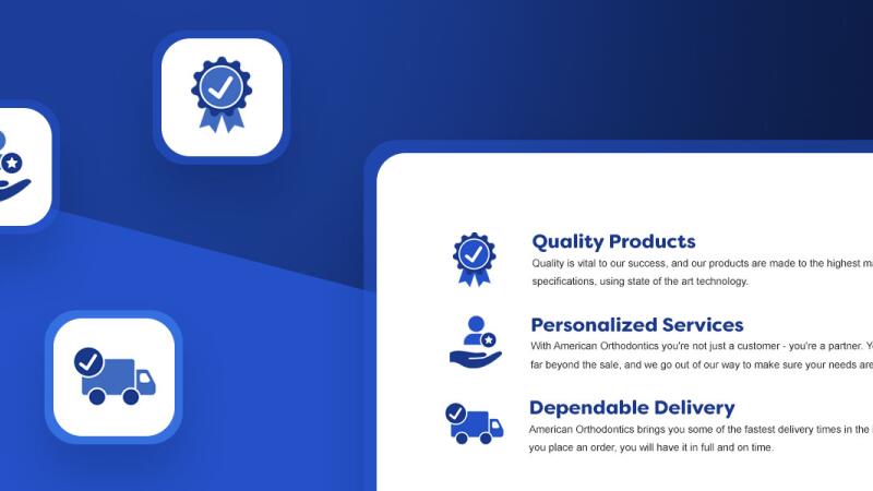 Icon set illustrating quality, personalized service, and delivery for American Orthodontics