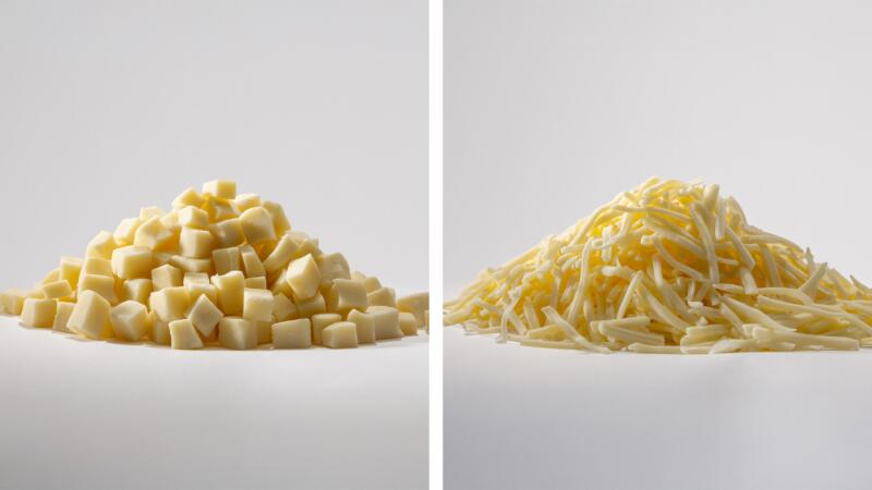 Two piles of cheese, one cubed and one shredded, side by side