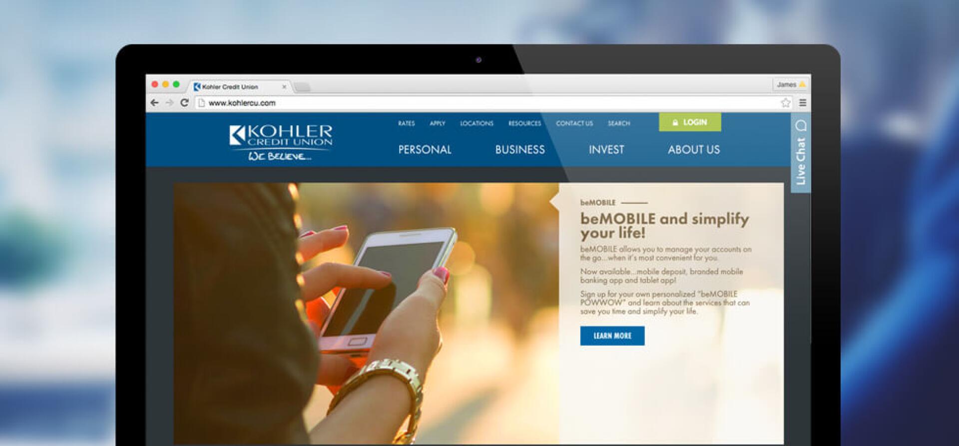 Kohler Credit Union website homepage displayed on a desktop monitor