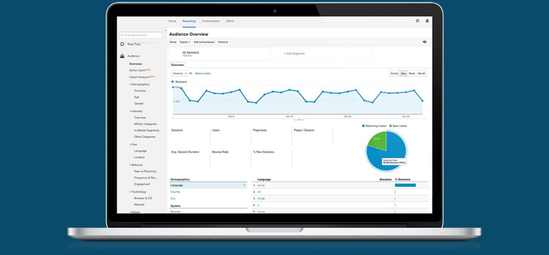 Google Analytics dashboard screenshot showing website audience overview and traffic charts