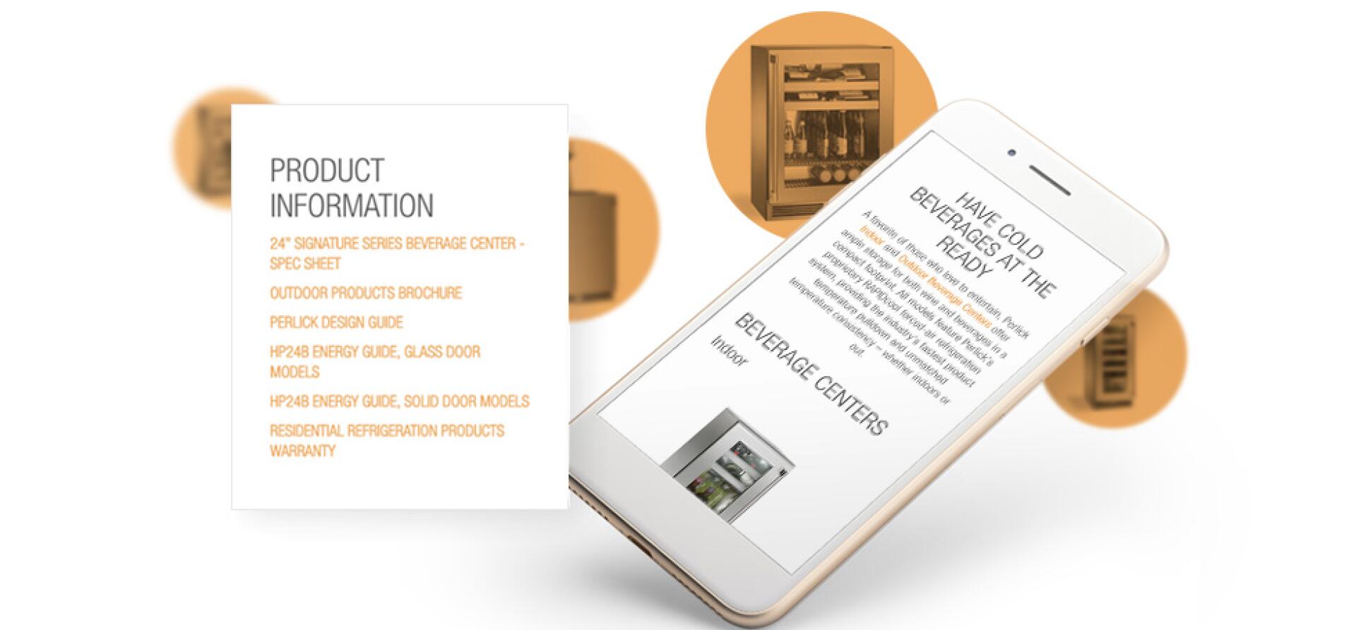 Phone showing Perlick product information page with beverage center images