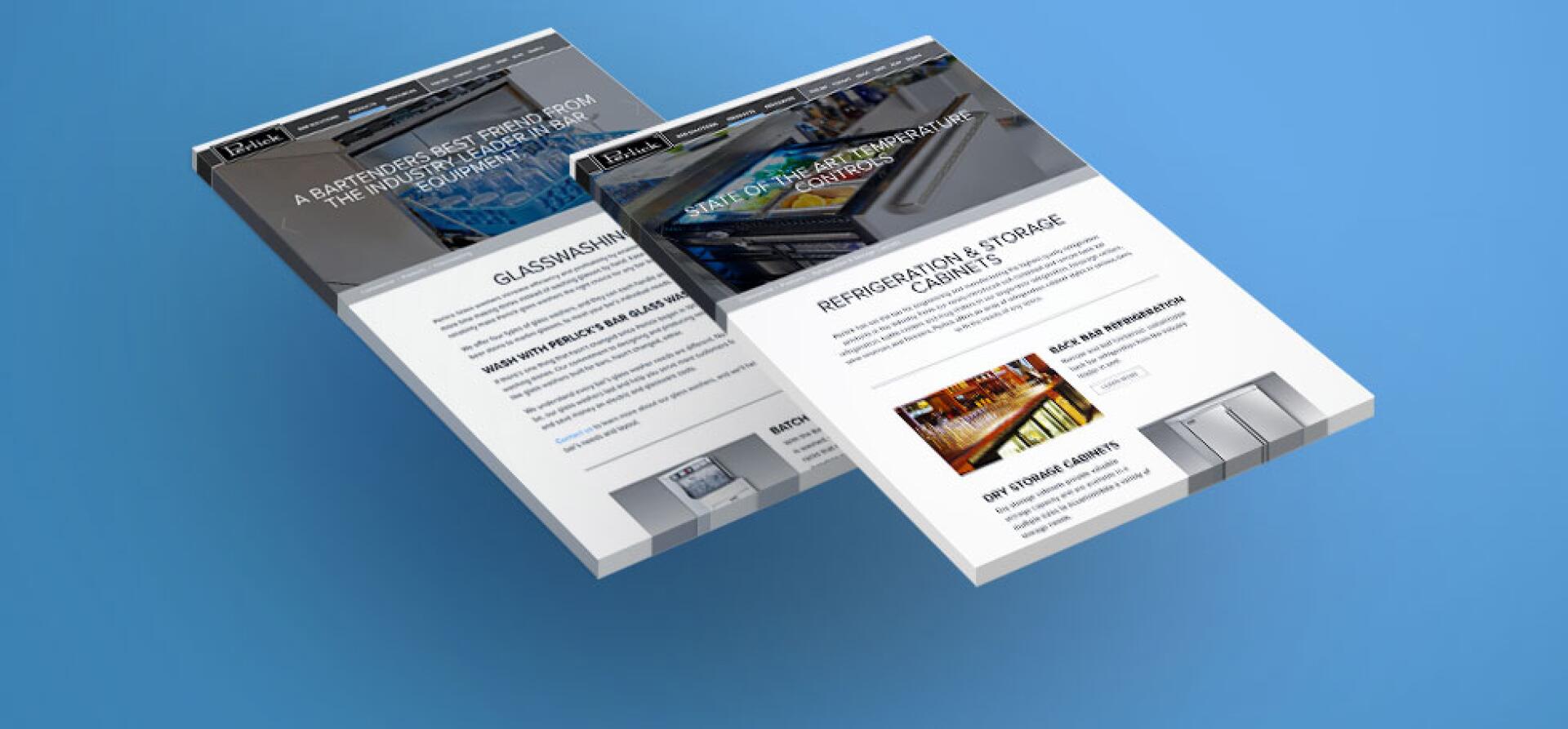 Tablet screens showing Perlick website pages for bar equipment and refrigeration cabinets
