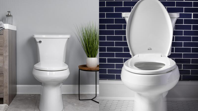 Two bathroom scenes side by side, a plain toilet and a Bemis-branded seat against navy tile
