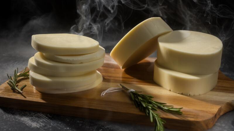 Stack of sliced and whole rounds of smoked provolone cheese with rosemary