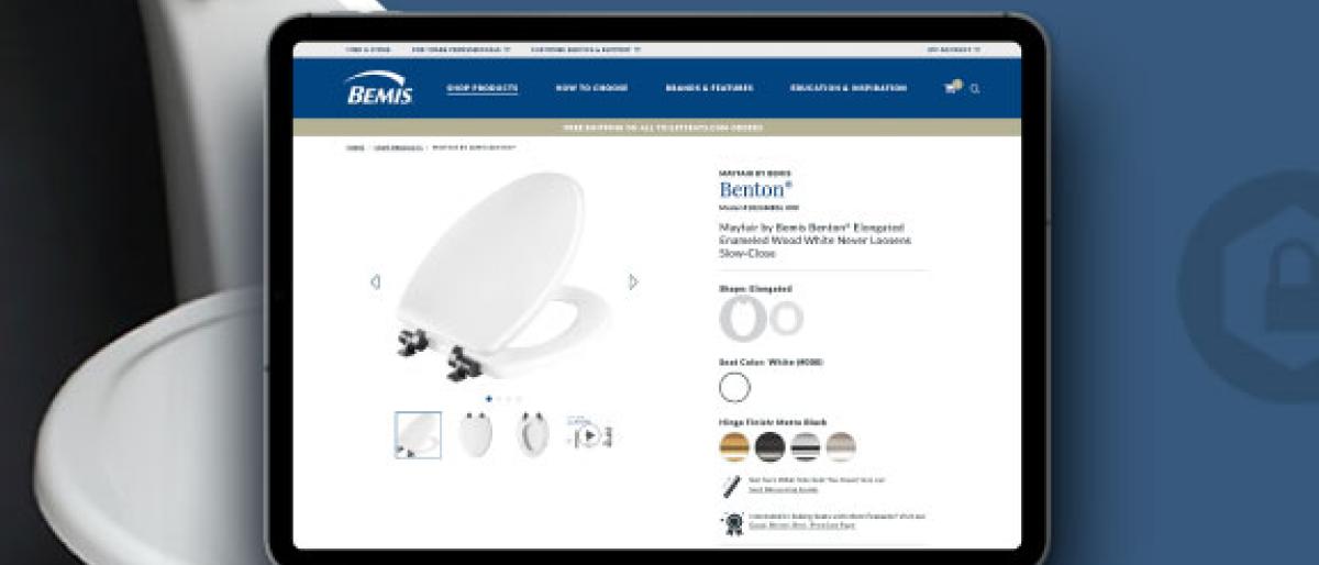 Tablet showing a Bemis toilet seat product page, toilet in foreground