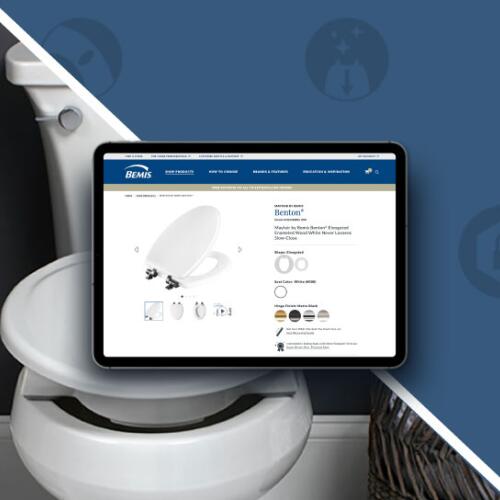 Tablet showing a Bemis toilet seat product page, toilet in foreground