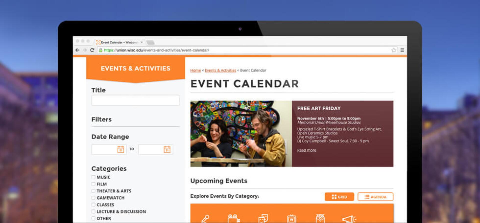 Screenshot of the UW Wisconsin Union event calendar with filters and a featured event