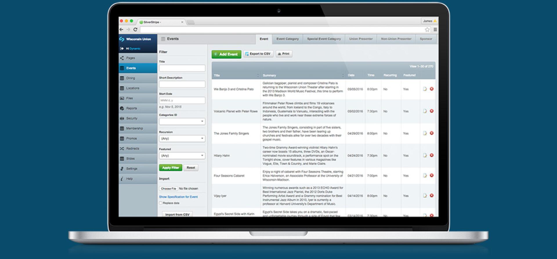 SilverStripe CMS admin screen showing a list of Wisconsin Union events