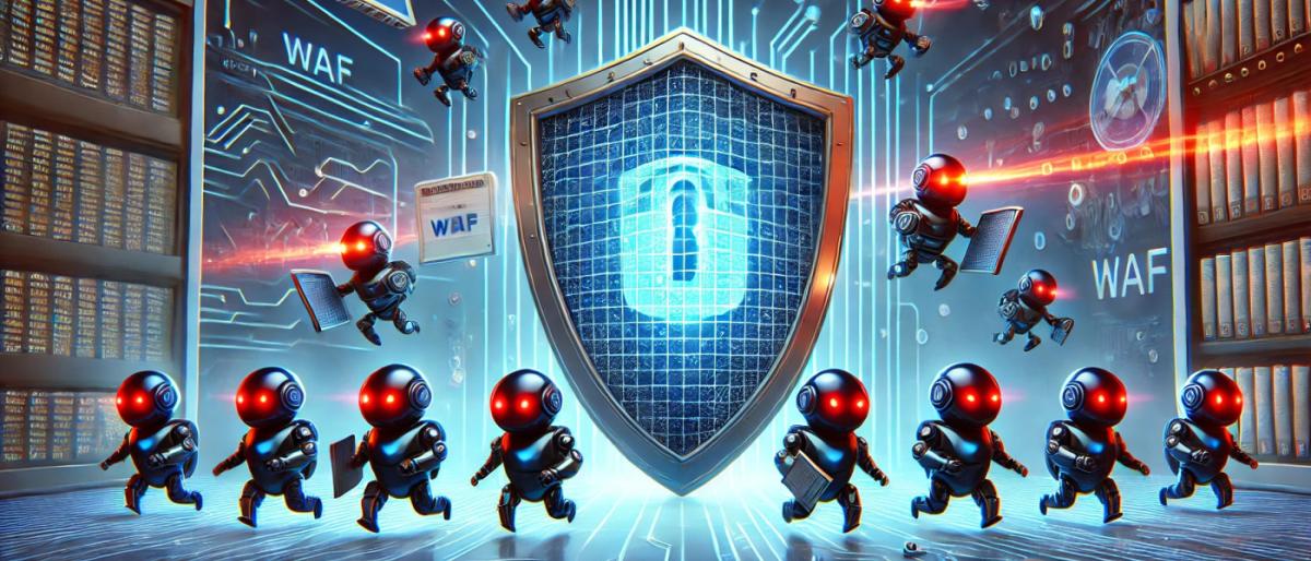 Illustration of small robot figures attacking a digital security shield labeled WAF