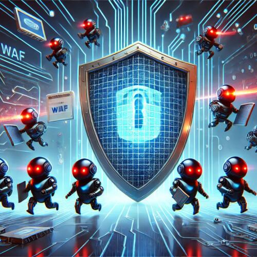 Illustration of small robot figures attacking a digital security shield labeled WAF
