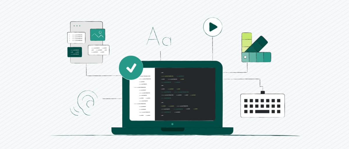 Illustration of a laptop with website code and accessibility icons for design, color, and audio