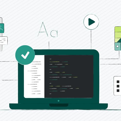 Illustration of a laptop with website code and accessibility icons for design, color, and audio