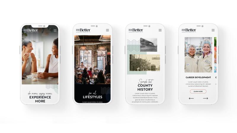 Four mobile website mockups for the Some Place Better Sheboygan County site