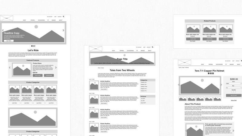 Website wireframes for a motorcycle gear ecommerce site showing homepage, blog, and product pages
