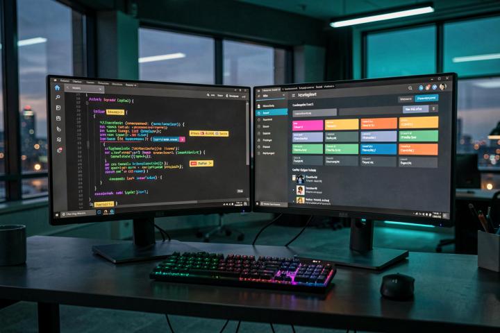 Dual-monitor desk setup showing a code editor and a dashboard interface