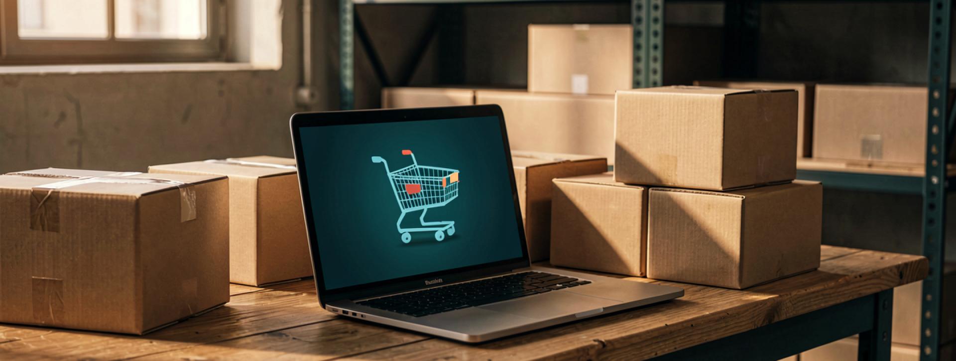 Laptop showing a shopping cart icon surrounded by shipping boxes