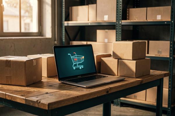 Laptop showing a shopping cart icon surrounded by shipping boxes