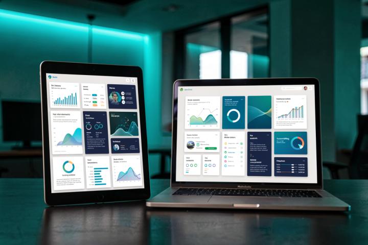 Tablet and laptop displaying analytics dashboards with charts
