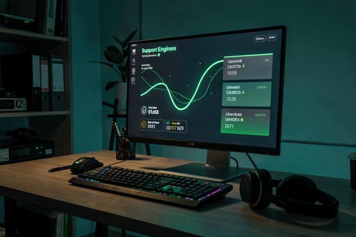 Desktop monitor showing a support-dashboard interface with charts